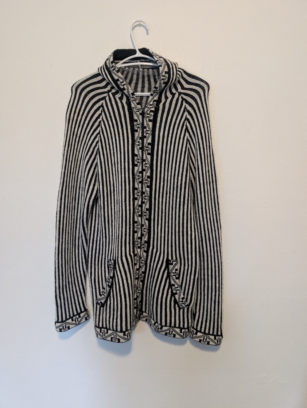 Handmade Peru Alpaca Wool Striped Zip Hoodie Cardigan Jacket Sweater Ethnic Boho